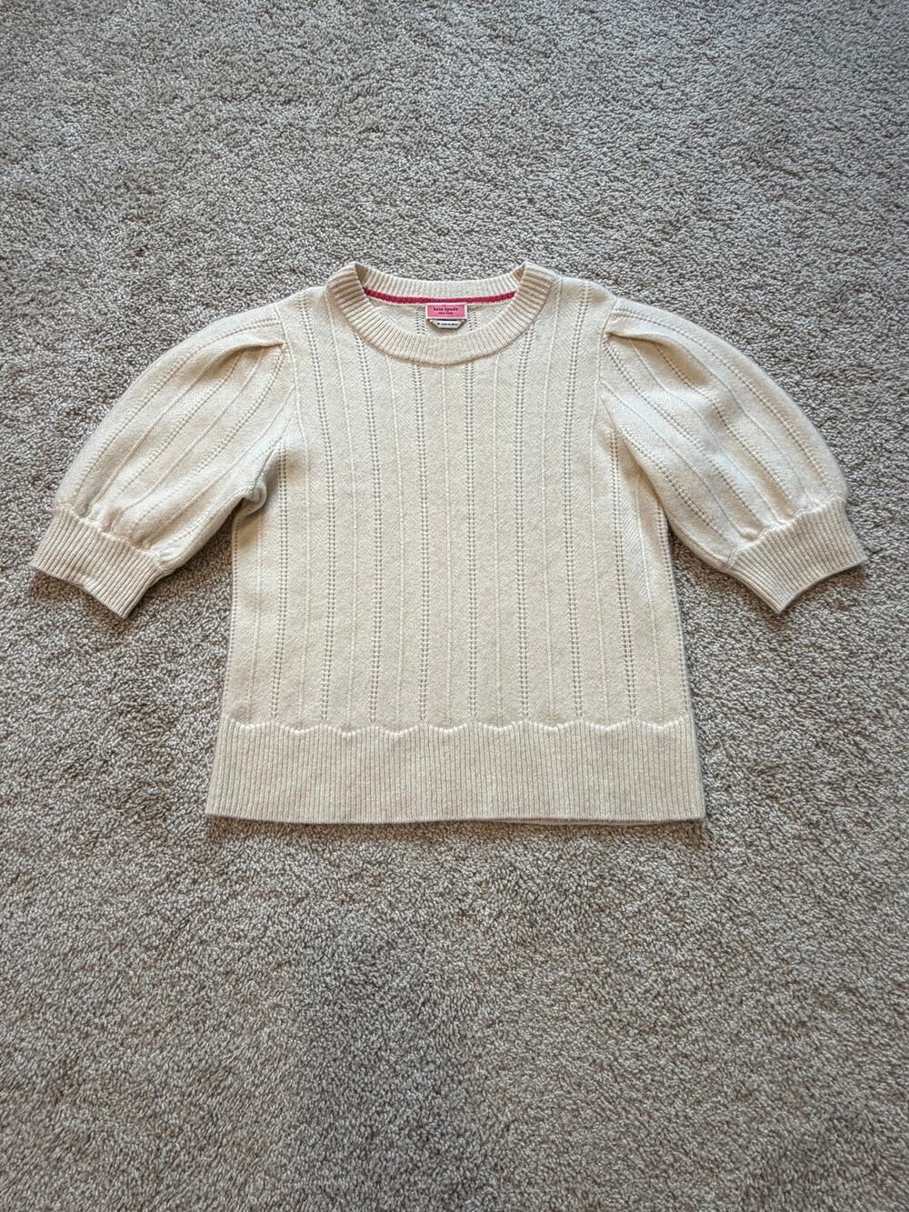 Kate Spade New York Cream Puff Sleeve Pointelle Sweater Soft Knit